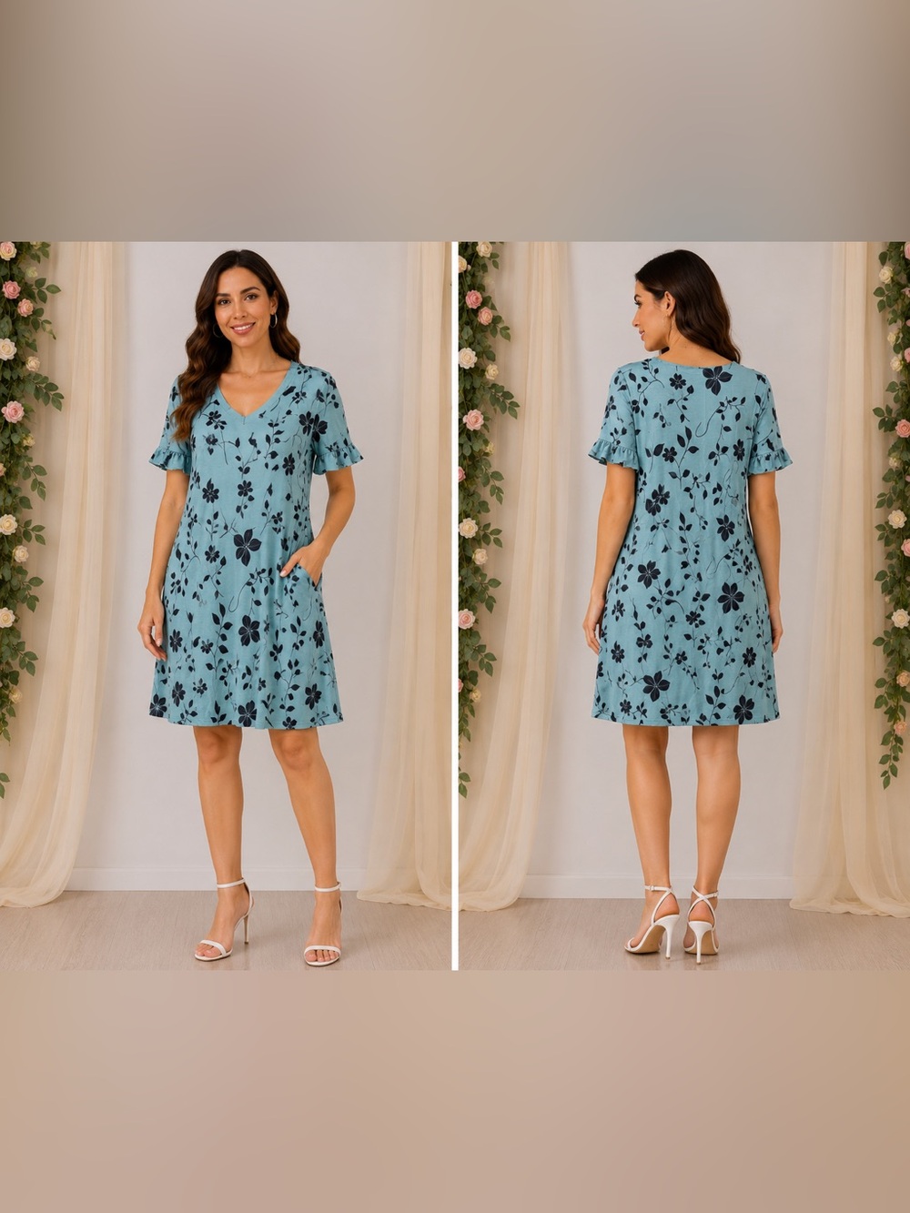Blue Black Floral V Neck Ruffle Sleeve Pocket Dress Size Small NWT